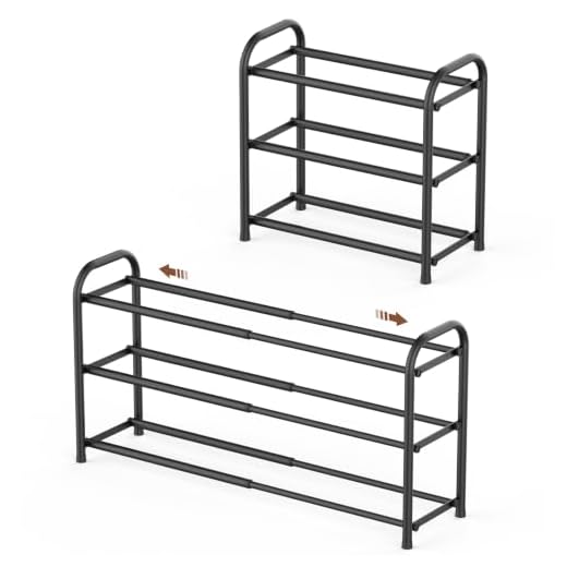 Gonfoam 3-Tier Expandable Shoe Rack,Adjustable Shoe Shelf Storage Organizer Heavy Duty Metal Free Standing Shoe Rack for Entryway Closet Doorway (Black)