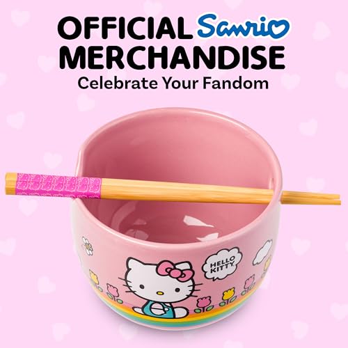 Image of Silver Buffalo Sanrio Hello Kitty Spring, Ramen Bowl with Chopsticks, 20oz | Summer Flowers, Rainbow Stripes, Ceramic, Noodle Rice, Microwave Safe, 0.59 Liters