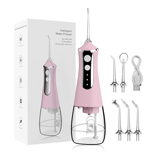 Water Flosser for Teeth Cordless,Professional Oral Irrigator,Ergonomic Non-Slip Grip,3 Modes and 5 Nozzles,300ml Water Tank,Low Noise Level - 70db,for Tooth,Gum and Dental Care (Pink)