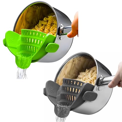 2-Pack Silicone Clip-On Pasta Strainer Set – Heat-Resistant, Space-Saving Kitchen Strainers for Pots, Pans, Vegetables, Pasta, and Draining (Gray + Green)