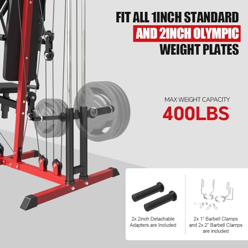 FAGUS H Home Gym System Workout Station, Multi-Functional Full Body Home Gym Machine with Pulley System, Plate Loaded Home Gym Station with Various Exercise Attachments for Full Body Training, Red - Thumbnail 6