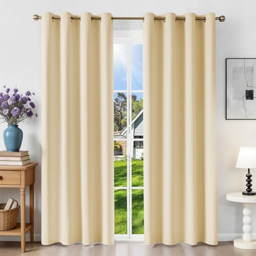 Image of Runyéla Blackout Curtains for Bedroom Eyelet 46 x 72 Inch Drop Thermal Black Out Curtain for Living Room, 2 Panels, Beige