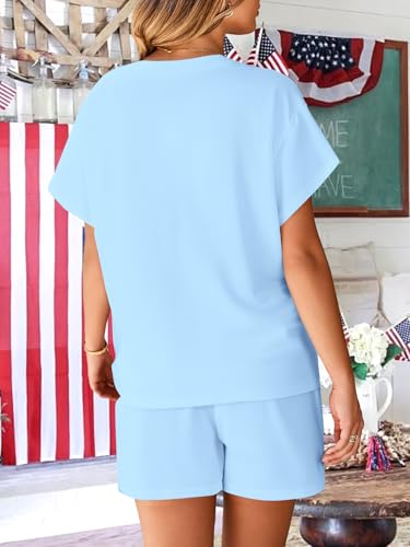 Image of VILOVE 4th of July 2 Piece Sequin Outfits Women 250 Anniversary Usa Shirts and Short Sets Casual Patriotic Shirt Summer Set