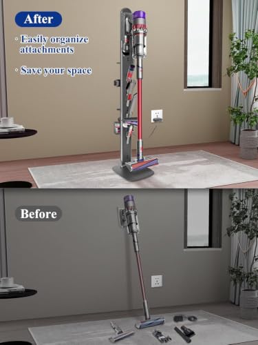 Image of Metal Vacuum Stand for Dyson V16 Gen5 V15 V12 V11 V10 V8 V7 V6, Cordless Vacuum Organizer w /4 Hooks & 4 Shelves, Hidden Cable Design, Space-Saving Attachment Holder for Dyson Vacuums, Dark Gray