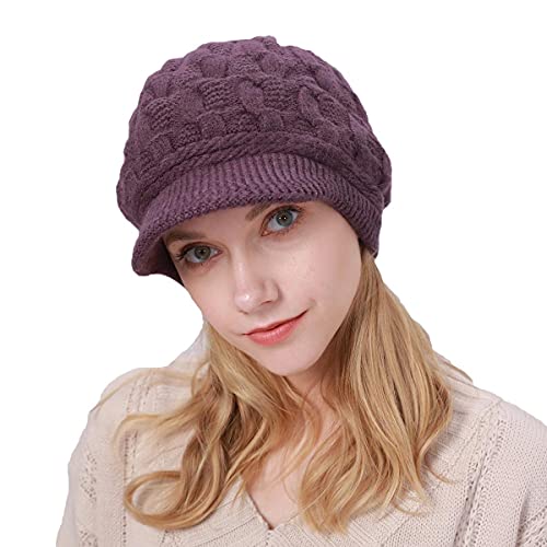 Gorro de Invierno para Mujeres con ala, Gorro Tejido Slouchy para Chicas, Gorra de Lana Forrada de Polar con Visera, Gorros de Moda de Colores Variados para Climas Fríos
