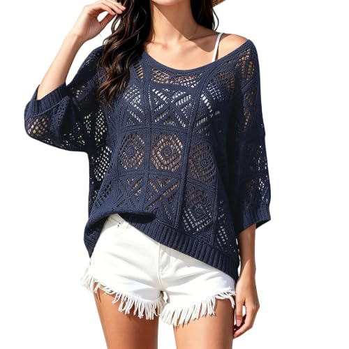 Image of GOZINA Women's Crochet Beach Cover Up, Boho Hollow Out Knit Tops, 3/4 Sleeve Casual Summer Pullover Swimwear Bathing Suit Coverups (UK, Alpha, XL, Regular, Regular, Navy Blue)