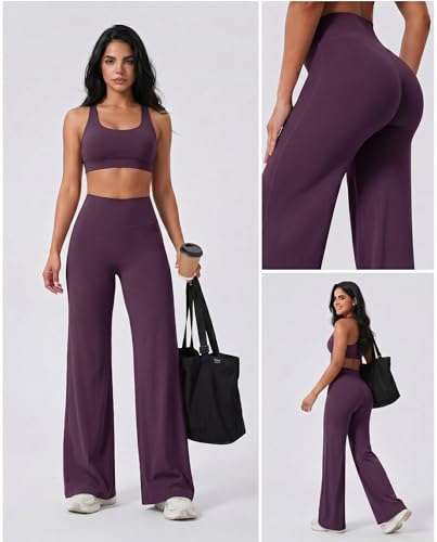 Image of Coume 2 Pack Women Workout Leggings Straight Wide Leg No Front Seam Yoga Gym Pants High Waist Buttery Soft Stretch Leggings