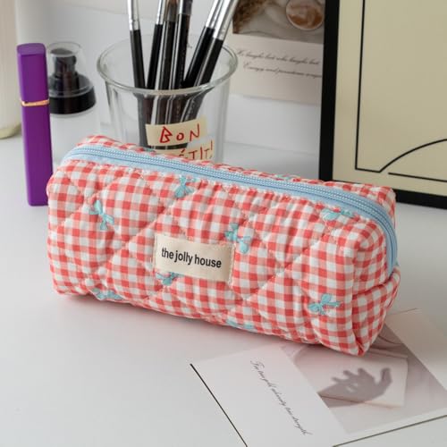 Image of Carry bloom Pencil Pouch Cute Pencil Case for Girls Aesthetic Pencil Bag with Zipper Pen Cases School Supplies Makeup Bag (Checkered bow red)