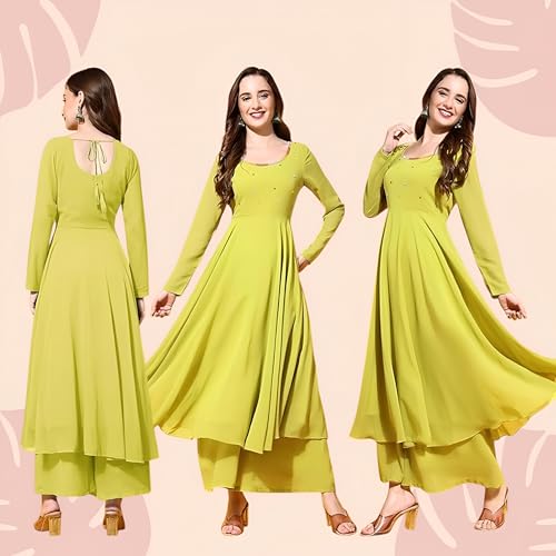 Image of PH POSHAKHUB Georgette Regular Fit Hand Embroidery Anarkali Kurta Set for Women, Yoke Anarkali Kurta for Woman, Ankle Length Anarkali Suit for Women, Full Sleeve Kurti, Dress for Woman