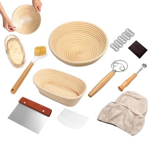 Wezalget Cesta para fermentación de pan – Cesta redonda para fermentación de masa, utensilio de horno redondo de ratán con raspador y revestimientos de lino para la fermentación y la mezcla