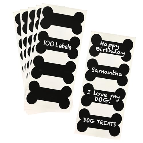 Dog Bone Chalkboard Labels, Black Vinyl, 100 Count, Reusable Stickers for Pet Treats and Storage