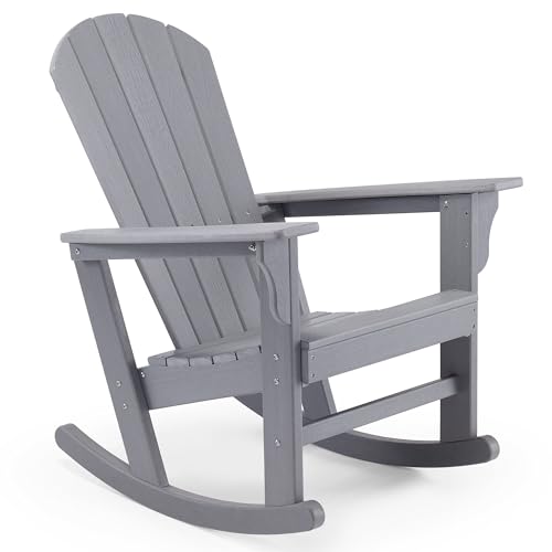 VonHaus Rocking Adirondack Chair - Grey Outdoor Rocking Seat for Garden, Terrace, Patio & Balcony - Waterproof HDPE Slatted Style Firepit Chair with Wide Armrests & Sloped Back