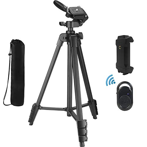 Phone Tripod, VOSSCOSS 53- Inch Lightweight Tripod Portable DSLR Camera Tripod for iPhone & Android with 2 in 1 Phone/IPAD Holder Stand & Wireless Bluetooth Remote Control Shutter(New Version)