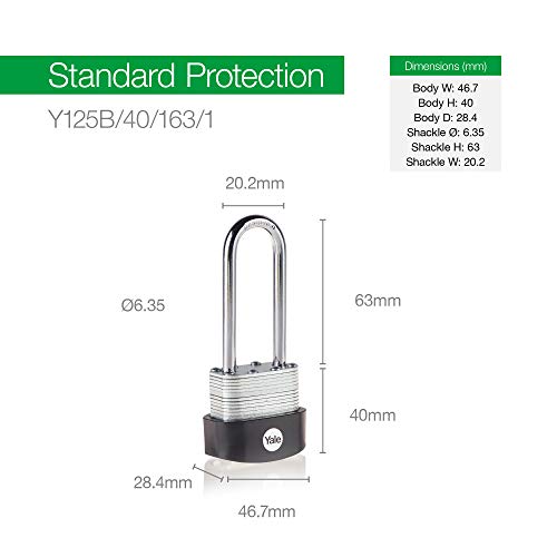 Image of Yale Y125B /40 /163 /1 - Laminated Steel Long Shackle Padlock (40 mm) - Outdoor Hardened Steel Shackle Lock for Shed, Gate, Chain - 3 Keys - High Security