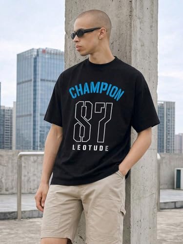 Image of LEOTUDE Men's Street Style Graphic T-Shirt | Athletic Typography Print | Oversized | Round Neck | Graphic Print | Baggy Fit | Drop Shoulder | Casual Tee (Color : Black)