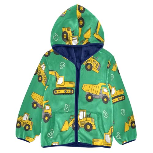 Construction Vehicles on Green Toddler Fleece Jacket Girl Boys Hooded Fleece Jacket Coat Warm Outwear Zip-up 3-10T