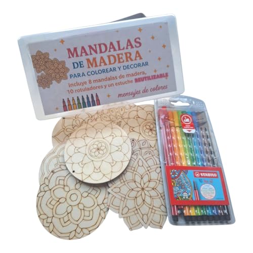 Kit de Mandalas de Madera para Colorear – Incluye 8 Rotuladores y Caja Reutilizable Resistente – Manualidades DIY para Niños y Adultos, Regalo Creativo Antiestrés
