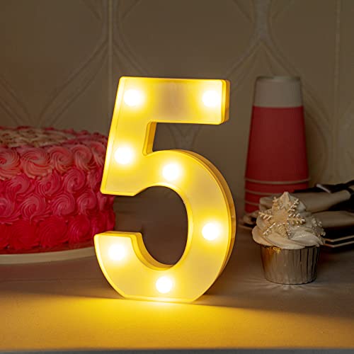 Image of Restaurantware Illumify 7.1 x 1.2 x 8.7 Inch Light Up Number 1 Durable Marquee LED Light - Number 5 Touchproof White Plastic Party Light Keyhole Slot For Parties Weddings Or Special Events