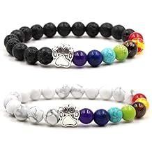 2Pcs 7 Chakra Lava Rock Dog Paw Beaded Bracelet Set for Women Men Natural Stone Tiger Eye Essential Oil Diffuser Stretchy Bracelet Yoga Meditation Jewelry Gift