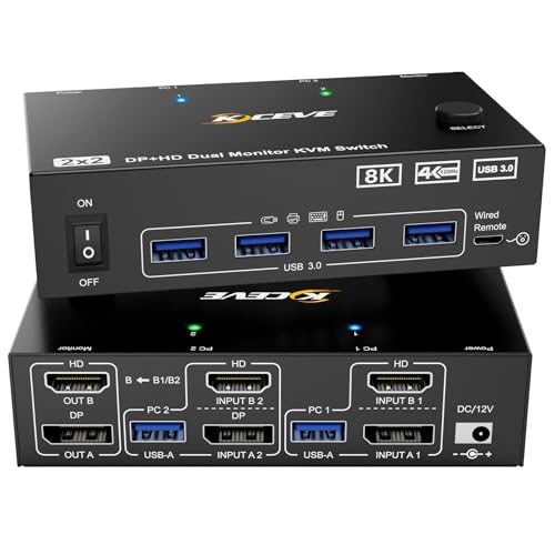 KVM Switch 2 Monitore 2 PC 8K, Displayport + HDMI USB 3.0 KVM Umschalter f&uuml;r zwei Monitore, Unterst&uuml;tzt 8K@60Hz, 4K@120Hz f&uuml;r 2 Computer, die Tastatur, Maus und Monitor teilen
