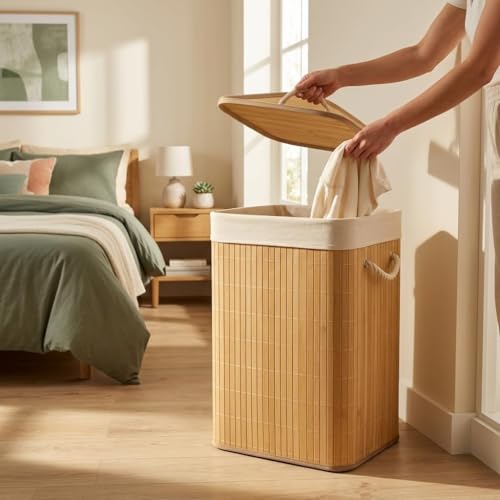 Image of 81L Laundry Basket with Lid, Foldable Bamboo Clothes Hamper, Eco-Friendly Storage Bin for Bedroom, Bathroom & Kids Room (Light Brown, 40x30x60 cm)