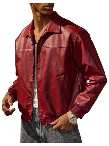 Men's PU Leather Jackets Retro Zip Up Collared Motorcycle Coats Outwear Streetwear