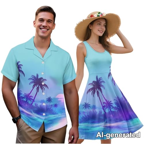 Image of Hawaii Matching Couple Outfits Husband and Wife Clothing Fashionable Mens Casual Shirts Hawaii Dress with Soft Fabric