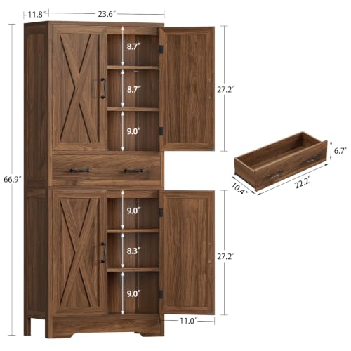 Image of TEENFON Tall Storage Cabinet with 2 Adjustable Shelves & 1 Large Drawer, Kitchen Pantry Cabinet with 4 Doors, Bathroom Storage Cabinets, for Living Room, Kitchen, Bathroom, Walnut