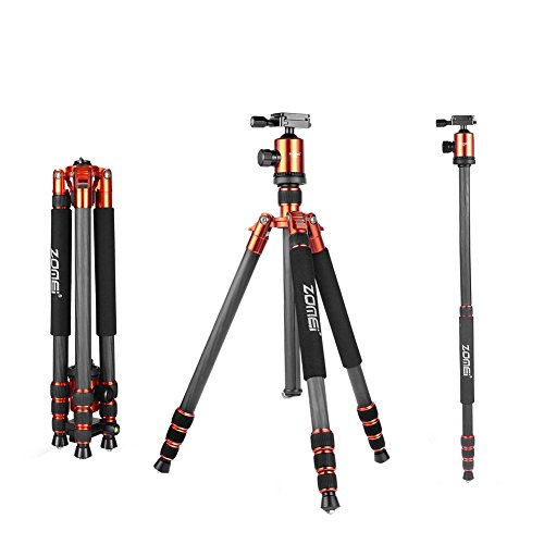 ZOMEI Light Weight Portable Carbon Fiber Travel Complete Tripod Come with Ball Head Carry Case for Digital/Camcorder/DSLR/SLR/Video Camera, Orange