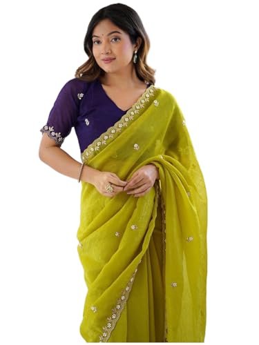 Image of Sidhidata Women's Crunchy Chiffon Embroidered Saree With Handwork Pearl Saree With Embroidered Unstitched Blouse Piece (Crunchy Mustard Mustard Free Size)