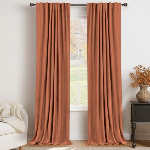 Image of 100% Blackout Shield Linen Blackout Curtains for Bedroom 84 Inches Long, Back Tab /Rod Pocket Living Room Drapes, Thermal Insulated Blackout Curtains 2 Panels Set, 50 inch W x 84 inch L, Burnt Orange