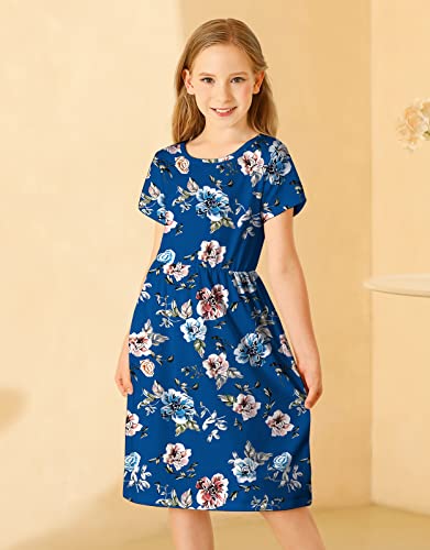 Kymidy Girls Short Sleeve Floral Dress Kids Casual Boho Midi Dress With Pockets, Royal Blue, 12 Years #TOP3