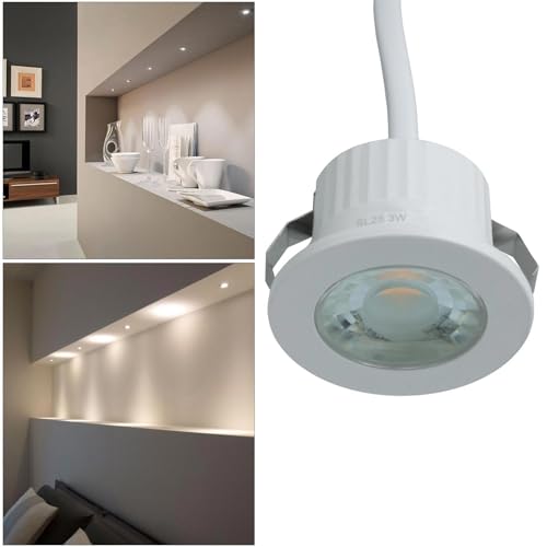 Planetitaly Mini faretto SPOT moderno bianco LED 3W incasso 35mm tondo luce soffitto interni mensole ripiani mobili cucina cappa 230V (3000K)