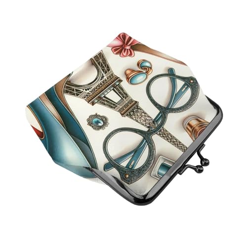 Pu Leather Buckle Coin Purse Eiffel-Tower-High-Heel-Glasses Girls Kiss-Lock Change Purse Wallets3