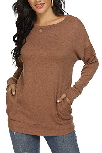 YSYOKOW Womens Casual Loose Shirts Long Sleeve Blouses Tunic Tops with Pockets(Brown, 3X-Large)