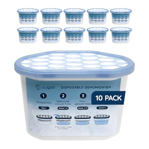 CUQOO Disposable Dehumidifier for Home 500ml Pack of 10 Moisture Absorber Dehumidifiers for Damp Mould Kitchen Wardrobe Bedroom Caravan Office Garage Bathroom - Mini Condensation Absorbers