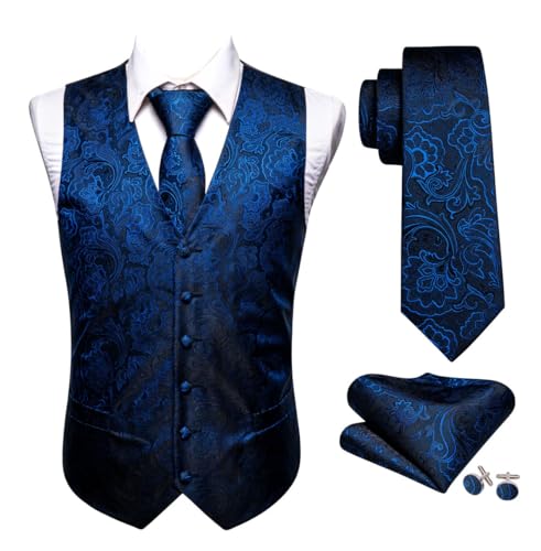 Men's Textured Silk Waistcoat Tie Set with Hanky Cufflinks Sleeveless Suit Vest for Wedding Business
