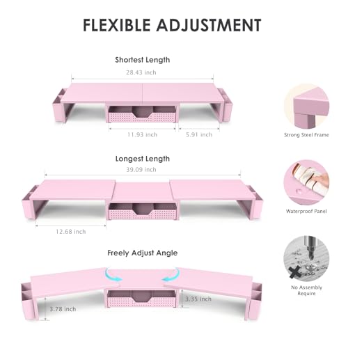 OPNICE Desk Organizers and Accessories, Dual Monitor Stand Riser with Drawer and 2 Pen Holders, Desk Shelf Metal Computer Racks for Office Workspace Organizers, Desktop Organization (Pink Metal) by OPNICE - Image 3