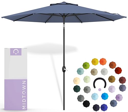 Image of Midtown Umbrellas - 10-Year-No-Fade 6 Ft Patio Umbrella with Terylast Fabric, Auto-Tilt Aluminum Frame and 8 Reinforced Ribs for Deck, Pool, Garden & Beach - Pale Navy Canopy, Black Pole