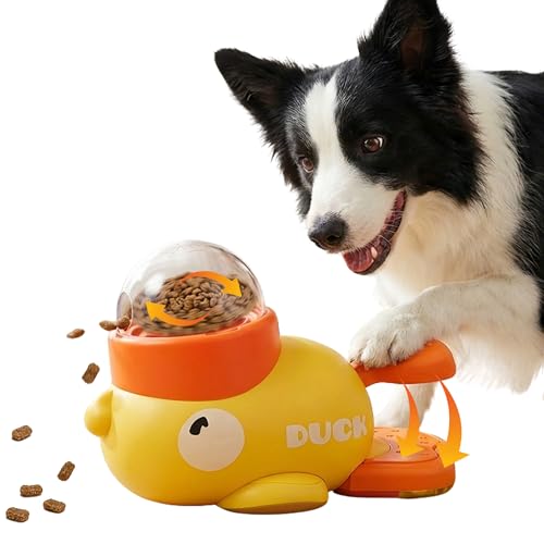 Foot Press Dog Treat Dispenser Toy for Dogs Interactive Slow Feeder Puzzle 3 Adjustable Kibble Lids Full Body Washable Battery-Free Duck Design for 3-50kg Indoor Dogs - Yellow