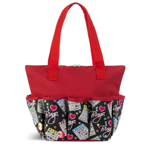 I Love Bingo Tote Bag with 10 Outer Pockets & 3 Inner Compartments for Daubers Dabbers Cards & Accessories Durable Canvas Zippered Bingo Supplies Bag Lightweight & Foldable Organizer (Red)