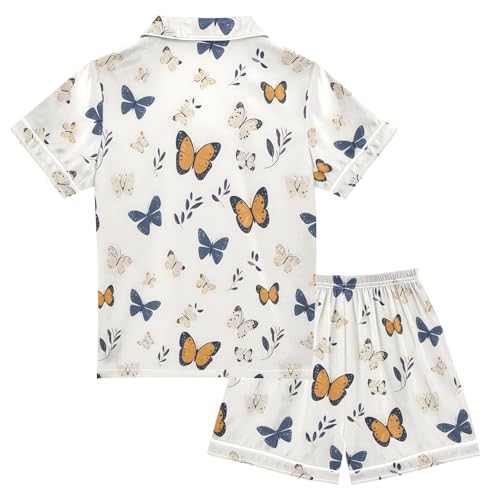 Autumn Floral with Butterfly Summer Satin Pajama Set, Cute Button-Down Sleepwear Pj Set for Sleep Wears2