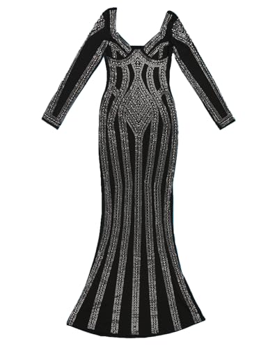 Image of PORRCEY Women's Sexy Rhinestone Lace Sheer Mesh Formal Evening Dress