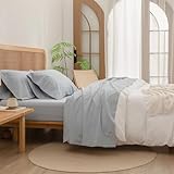 BESTOUCH Sheet Set 100% Washed Cotton Linen Feel Super Soft Comfortable Chic Lightweight 4 Pcs Home Bedding Set Solid Cornflower Blue Queen