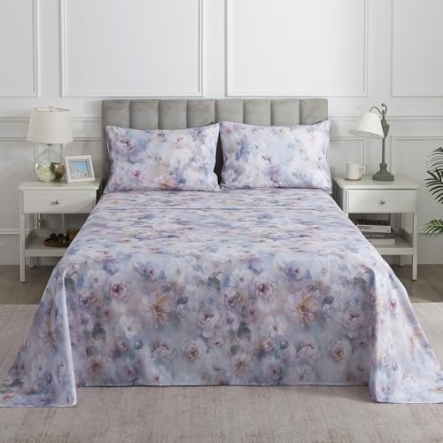 Image of Purple Floral Percale Sheets, Butterfly Patterned Vintage Flower Cozy House Bed Sheets, Deep Pocket Crisp Toile Sheet Set, Country Rustic Luxury Bedding, 100% Cotton, California King, 4Pcs