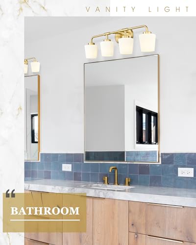 Image of Bathroom Light Fixtures Over Mirror, 4-Light Brushed Gold Vanity Lighting Fixtures with Milk White Glass, Farmhouse Champagne Bronze Wall Sconces Lighting, AD-22004-4W-GD