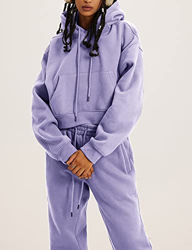 Flygo Womens Fleece 2 Piece Outfits Sweatsuit Crop Pullover Sweatshirt Joggers Pants Tracksuit Set