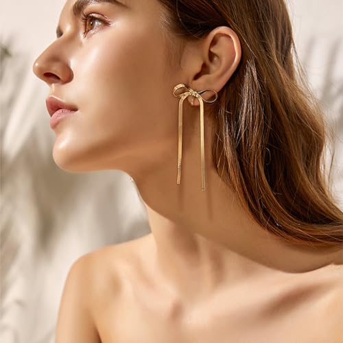 Cilp-on Bow Earrings Non Pierced Ribbon Bow Dangle Drop Tassel Statement Earring for Women Dangling Long chain Earrings（Gold and Silver）3