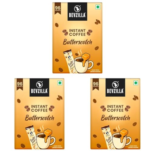 Image of Bevzilla 96 Instant Coffee Powder Sachets (Butterscotch) - 192 Grams| Hot & Cold Coffee| Makes 96 Cups| Arabica Coffee| Best For Espresso, Latte, Cappuccino (Pack of 3)