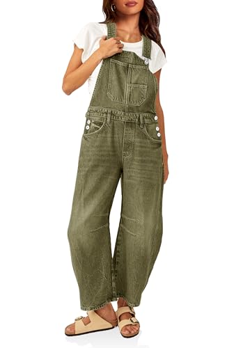PLNOTME Womens Denim Bib Overalls Barrel Leg Adjustable Strap Jean Pants Jumpsuits with Pockets